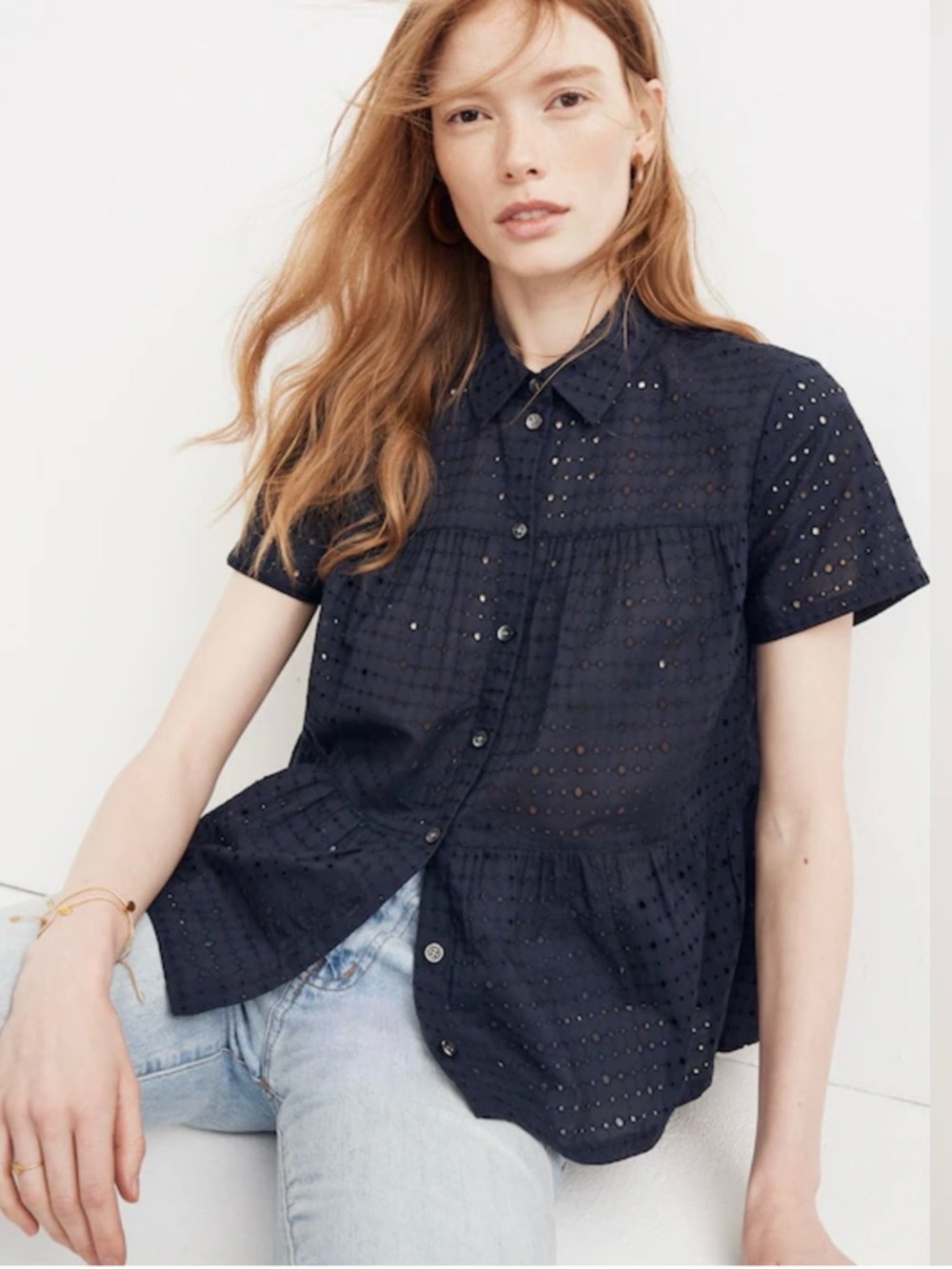 Madewell  Navy Blue Eyelet Button Up Short Sleeve Shirt XXS